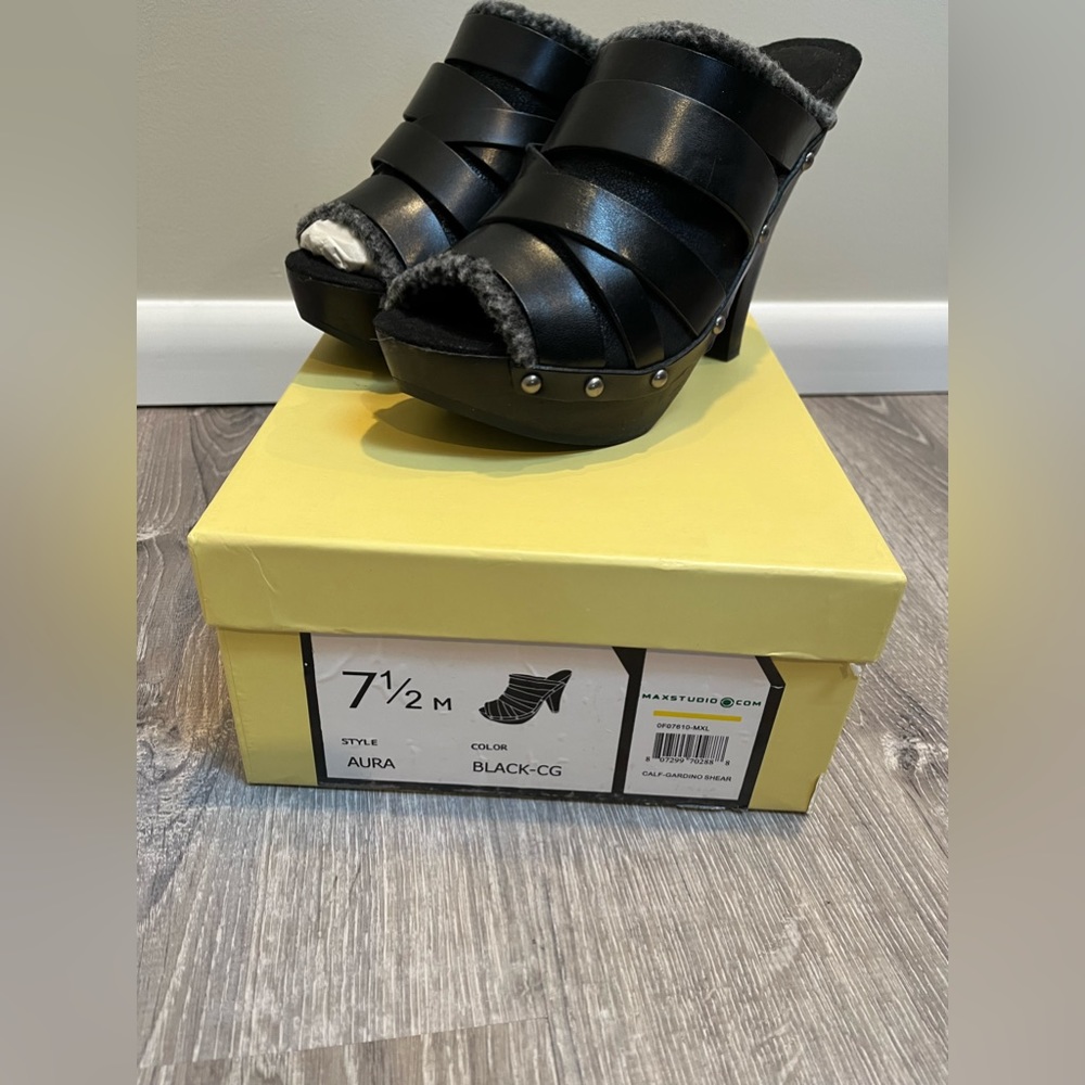 Max Studio Black Leather Peep-Toe Platform Mules with Shearling Trim